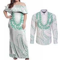 Aloha Lei Onaona Couples Matching Off Shoulder Maxi Dress and Long Sleeve Button Shirt Sage Green Hawaiian Tribal Pattern