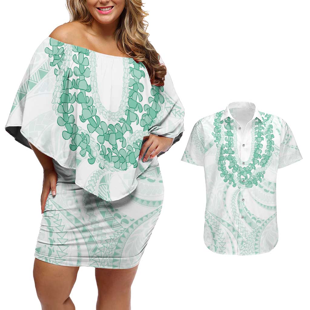 Aloha Lei Onaona Couples Matching Off Shoulder Short Dress and Hawaiian Shirt Sage Green Hawaiian Tribal Pattern