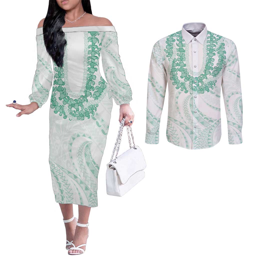 Aloha Lei Onaona Couples Matching Off The Shoulder Long Sleeve Dress and Long Sleeve Button Shirt Sage Green Hawaiian Tribal Pattern