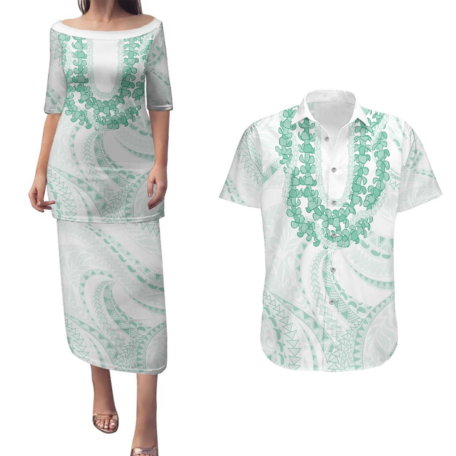 Aloha Lei Onaona Couples Matching Puletasi and Hawaiian Shirt Sage Green Hawaiian Tribal Pattern