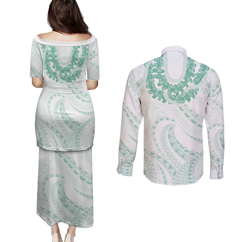 Aloha Lei Onaona Couples Matching Puletasi and Long Sleeve Button Shirt Sage Green Hawaiian Tribal Pattern