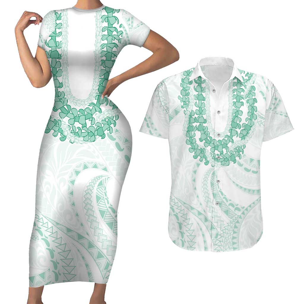 Aloha Lei Onaona Couples Matching Short Sleeve Bodycon Dress and Hawaiian Shirt Sage Green Hawaiian Tribal Pattern