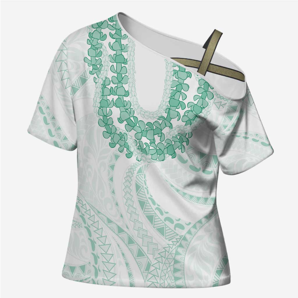 Aloha Lei Onaona Cross Shoulder Shirt Sage Green Hawaiian Tribal Pattern - Polynesian Pride