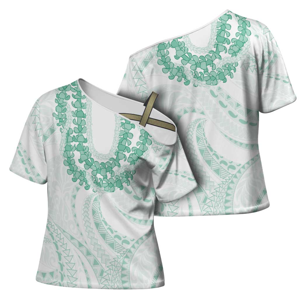 Aloha Lei Onaona Cross Shoulder Shirt Sage Green Hawaiian Tribal Pattern - Polynesian Pride