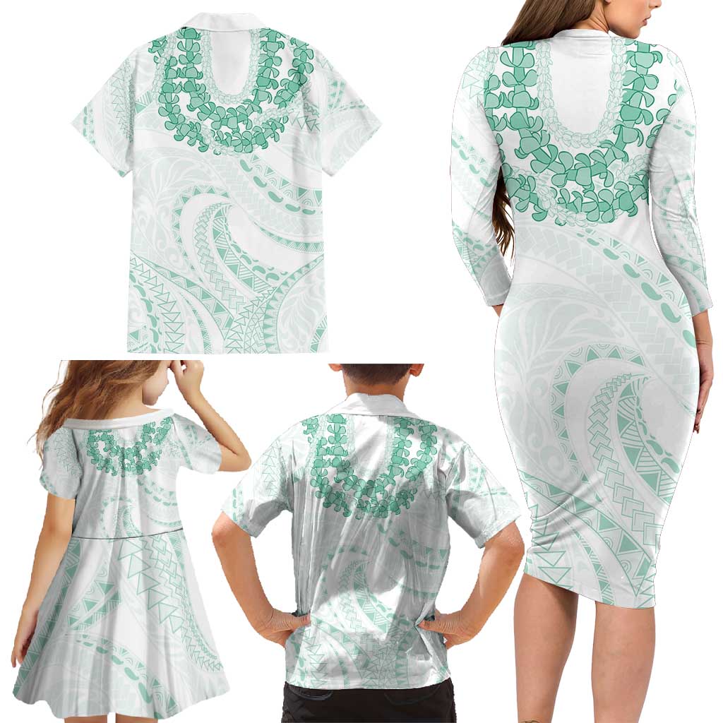 Aloha Lei Onaona Family Matching Long Sleeve Bodycon Dress and Hawaiian Shirt Sage Green Hawaiian Tribal Pattern