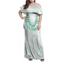 Aloha Lei Onaona Family Matching Off Shoulder Maxi Dress and Hawaiian Shirt Sage Green Hawaiian Tribal Pattern