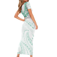 Aloha Lei Onaona Family Matching Short Sleeve Bodycon Dress and Hawaiian Shirt Sage Green Hawaiian Tribal Pattern