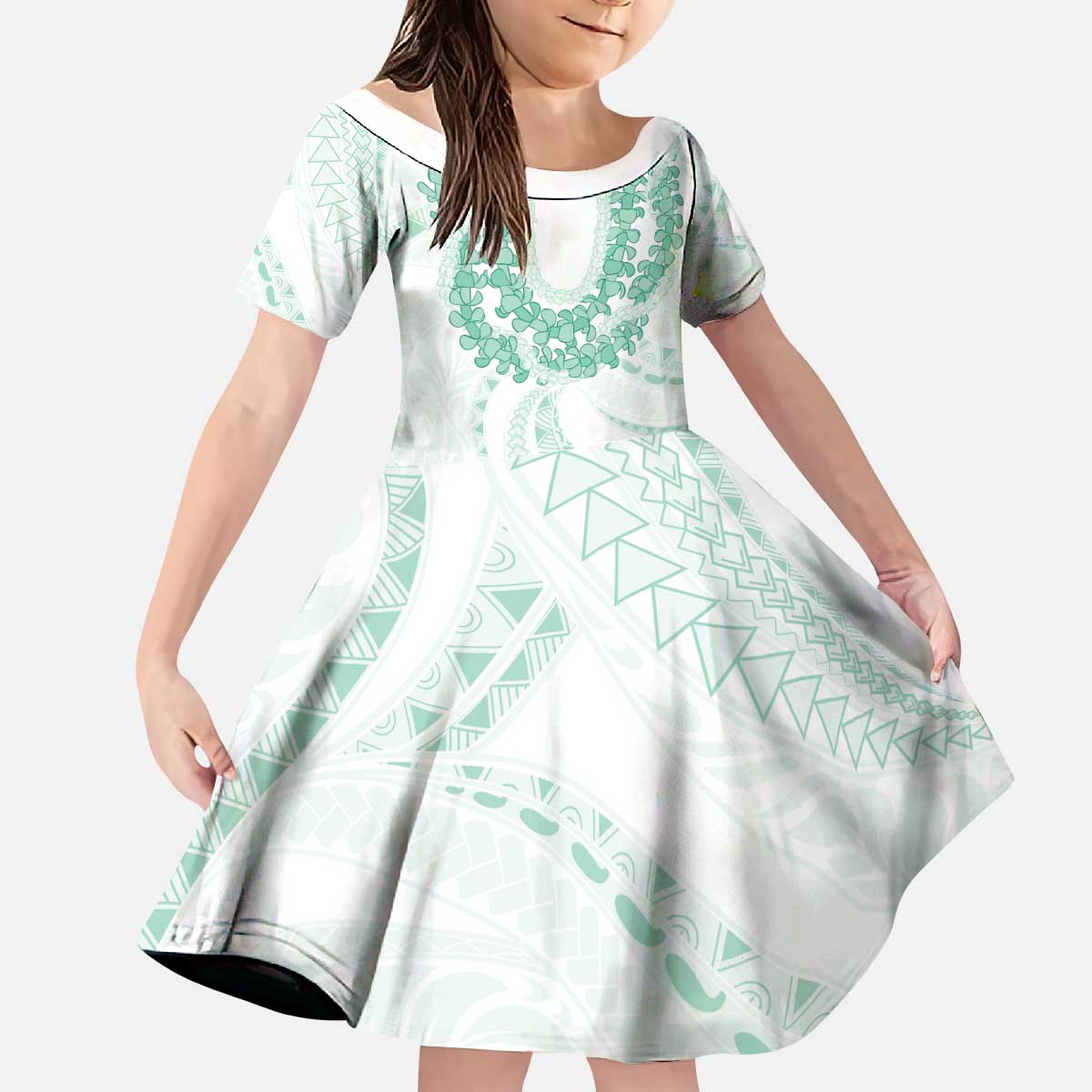 Aloha Lei Onaona Kid Short Sleeve Dress Sage Green Hawaiian Tribal Pattern