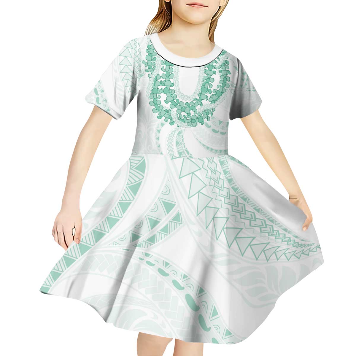 Aloha Lei Onaona Kid Short Sleeve Dress Sage Green Hawaiian Tribal Pattern
