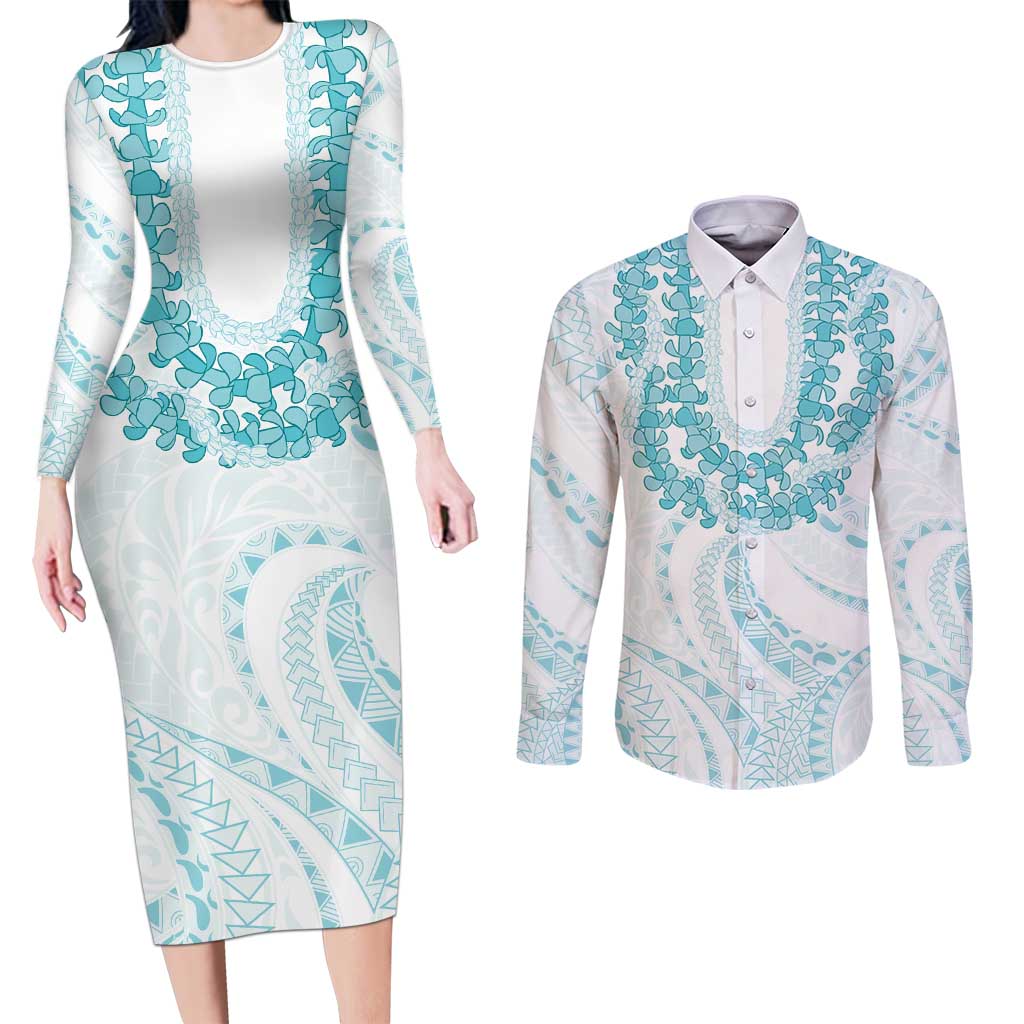 Aloha Lei Onaona Couples Matching Long Sleeve Bodycon Dress and Long Sleeve Button Shirt Teal Hawaiian Tribal Pattern