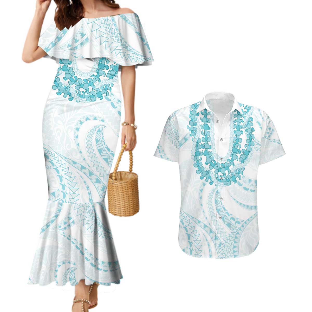 Aloha Lei Onaona Couples Matching Mermaid Dress and Hawaiian Shirt Teal Hawaiian Tribal Pattern