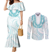 Aloha Lei Onaona Couples Matching Mermaid Dress and Long Sleeve Button Shirt Teal Hawaiian Tribal Pattern