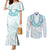 Aloha Lei Onaona Couples Matching Mermaid Dress and Long Sleeve Button Shirt Teal Hawaiian Tribal Pattern