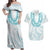 Aloha Lei Onaona Couples Matching Off Shoulder Maxi Dress and Hawaiian Shirt Teal Hawaiian Tribal Pattern