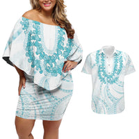 Aloha Lei Onaona Couples Matching Off Shoulder Short Dress and Hawaiian Shirt Teal Hawaiian Tribal Pattern LT9 Teal - Polynesian Pride