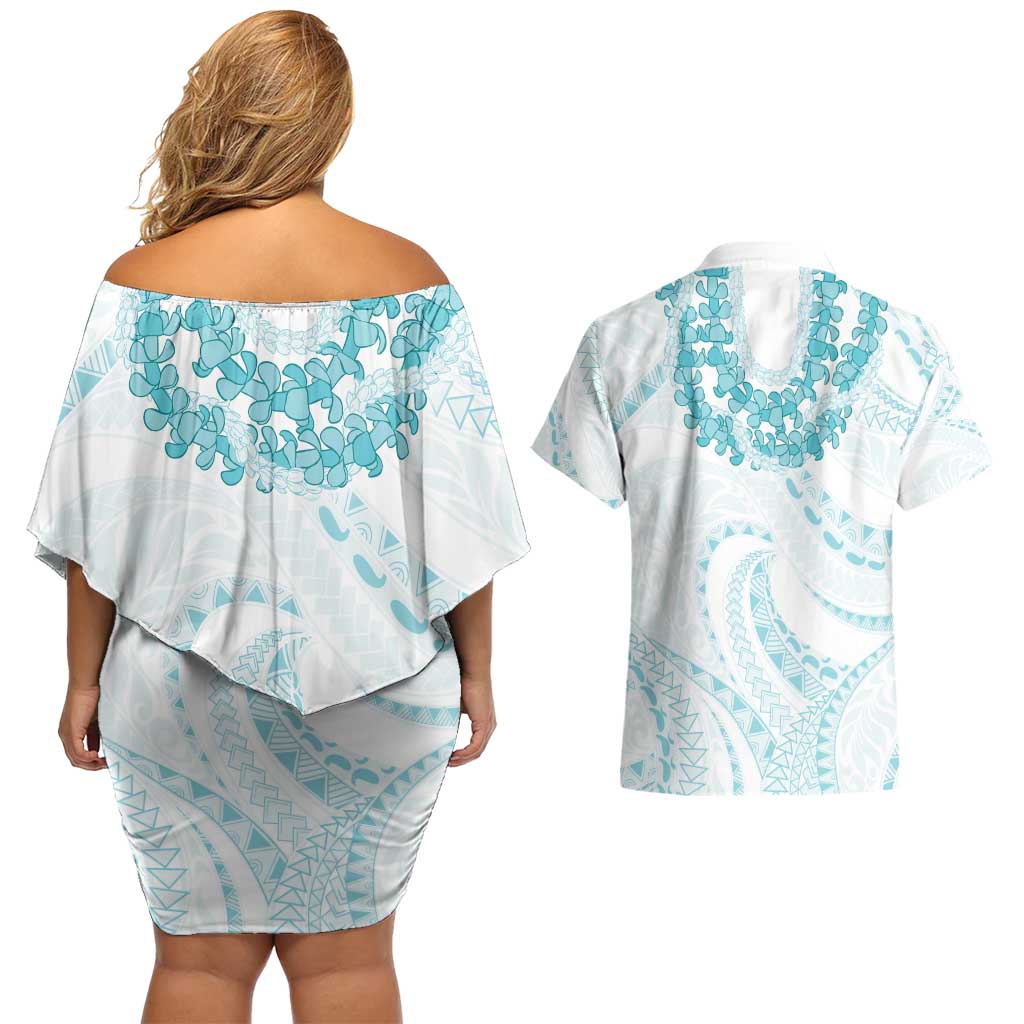 Aloha Lei Onaona Couples Matching Off Shoulder Short Dress and Hawaiian Shirt Teal Hawaiian Tribal Pattern LT9 - Polynesian Pride