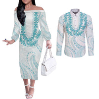 Aloha Lei Onaona Couples Matching Off The Shoulder Long Sleeve Dress and Long Sleeve Button Shirt Teal Hawaiian Tribal Pattern