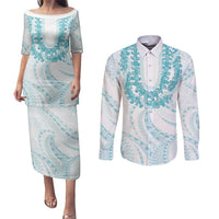 Aloha Lei Onaona Couples Matching Puletasi and Long Sleeve Button Shirt Teal Hawaiian Tribal Pattern