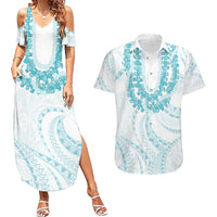 Aloha Lei Onaona Couples Matching Summer Maxi Dress and Hawaiian Shirt Teal Hawaiian Tribal Pattern