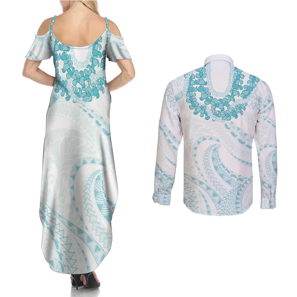 Aloha Lei Onaona Couples Matching Summer Maxi Dress and Long Sleeve Button Shirt Teal Hawaiian Tribal Pattern