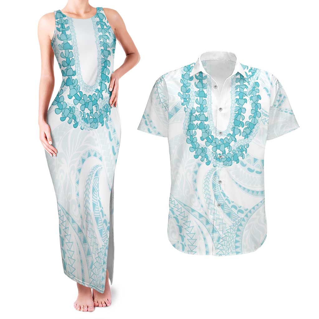 Aloha Lei Onaona Couples Matching Tank Maxi Dress and Hawaiian Shirt Teal Hawaiian Tribal Pattern