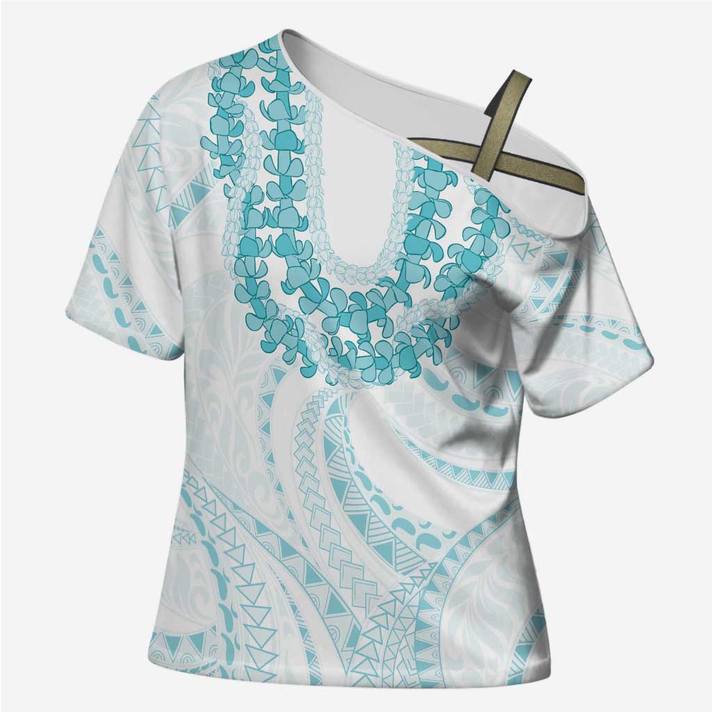Aloha Lei Onaona Cross Shoulder Shirt Teal Hawaiian Tribal Pattern - Polynesian Pride