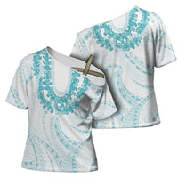 Aloha Lei Onaona Cross Shoulder Shirt Teal Hawaiian Tribal Pattern - Polynesian Pride