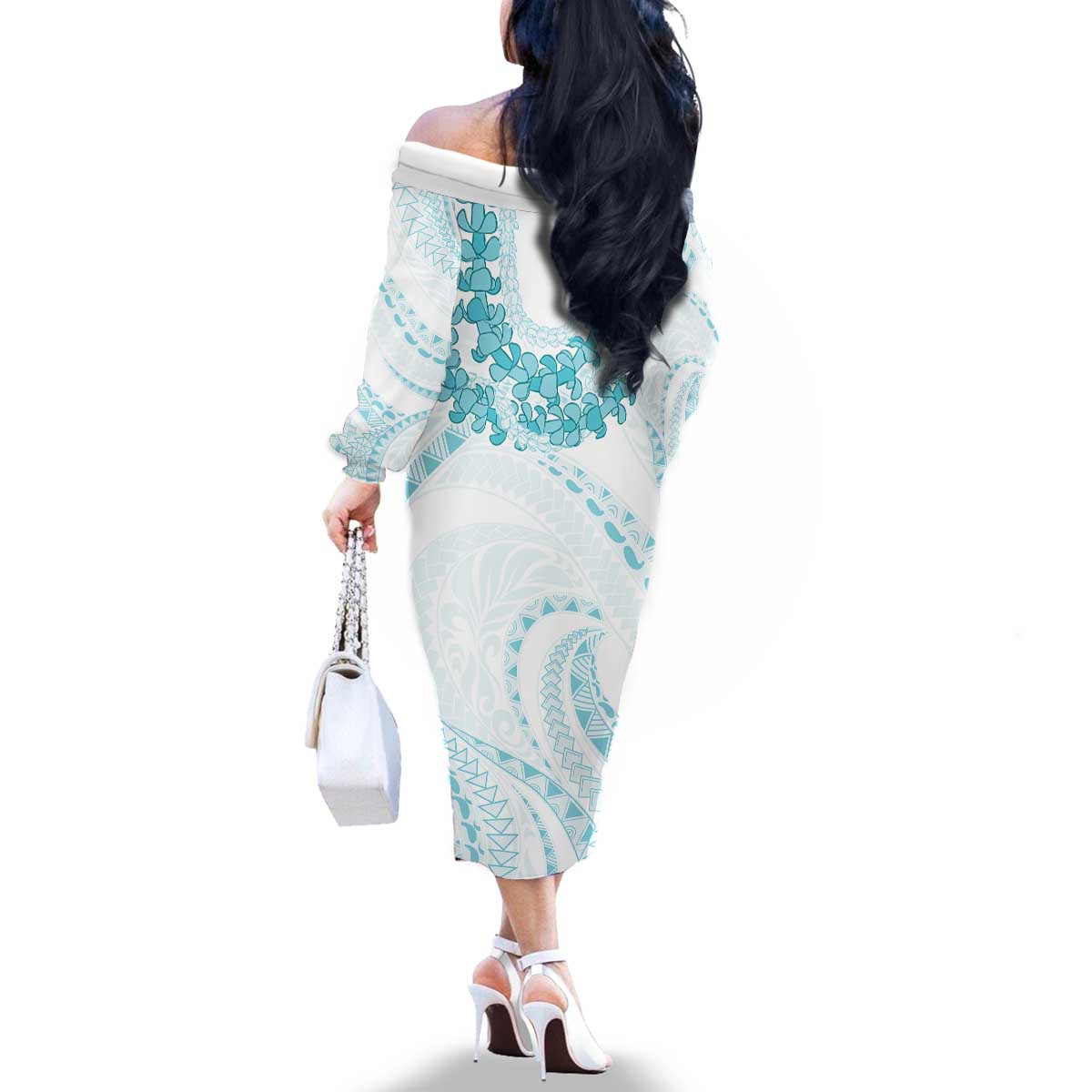 Aloha Lei Onaona Family Matching Off The Shoulder Long Sleeve Dress and Hawaiian Shirt Teal Hawaiian Tribal Pattern