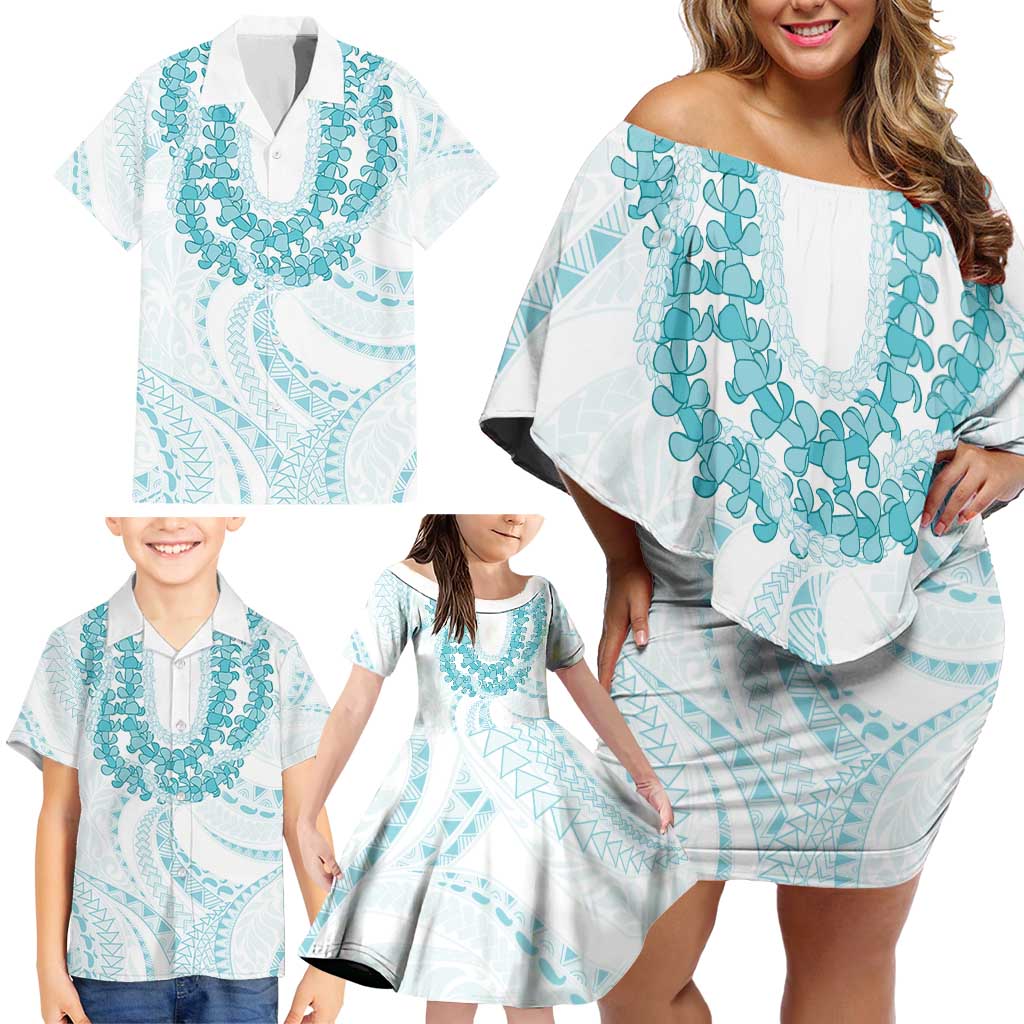 Aloha Lei Onaona Family Matching Off Shoulder Short Dress and Hawaiian Shirt Teal Hawaiian Tribal Pattern