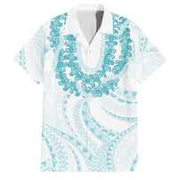 Aloha Lei Onaona Family Matching Off Shoulder Short Dress and Hawaiian Shirt Teal Hawaiian Tribal Pattern