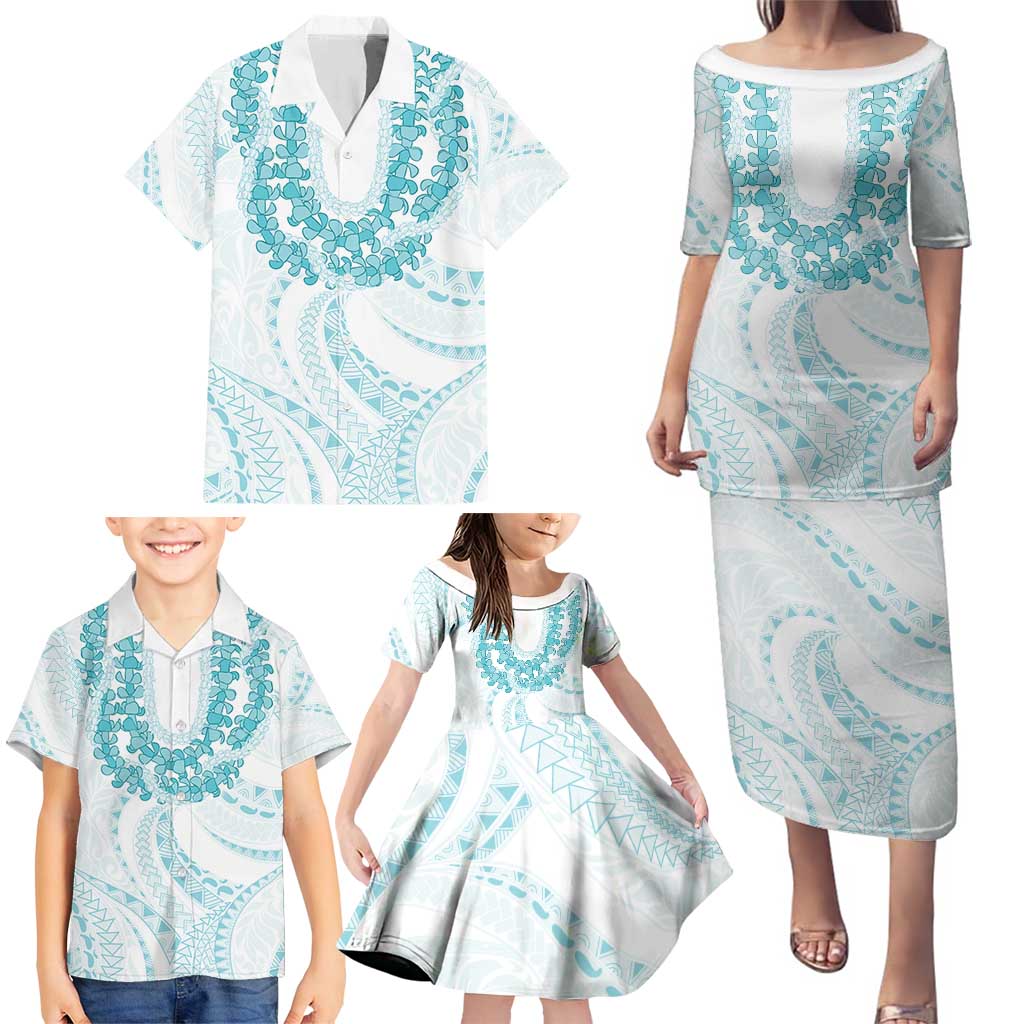 Aloha Lei Onaona Family Matching Puletasi and Hawaiian Shirt Teal Hawaiian Tribal Pattern