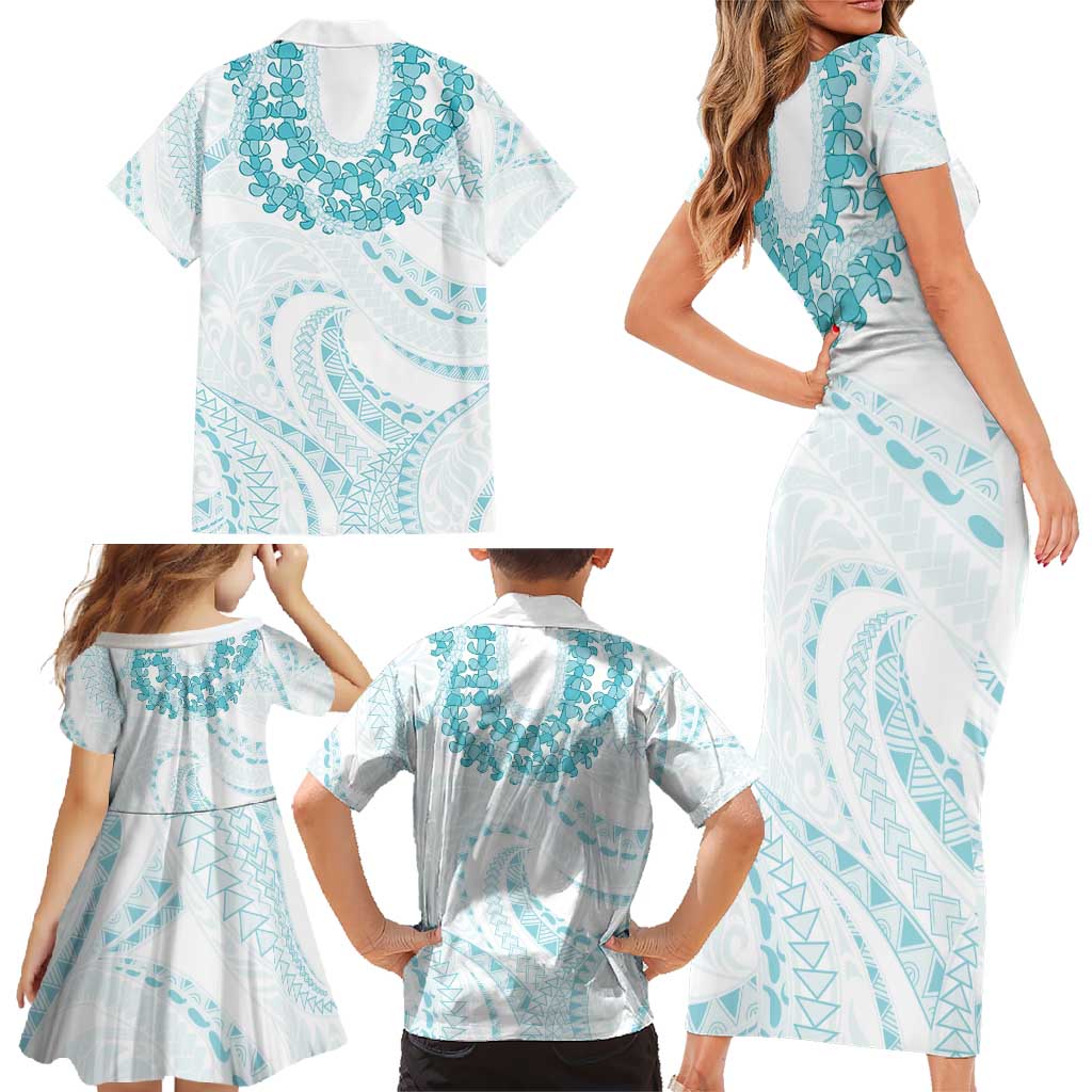Aloha Lei Onaona Family Matching Short Sleeve Bodycon Dress and Hawaiian Shirt Teal Hawaiian Tribal Pattern