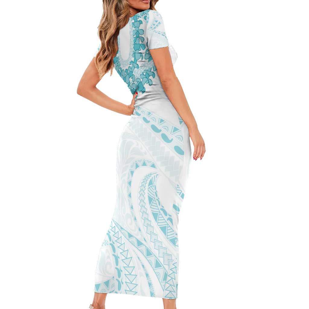 Aloha Lei Onaona Family Matching Short Sleeve Bodycon Dress and Hawaiian Shirt Teal Hawaiian Tribal Pattern