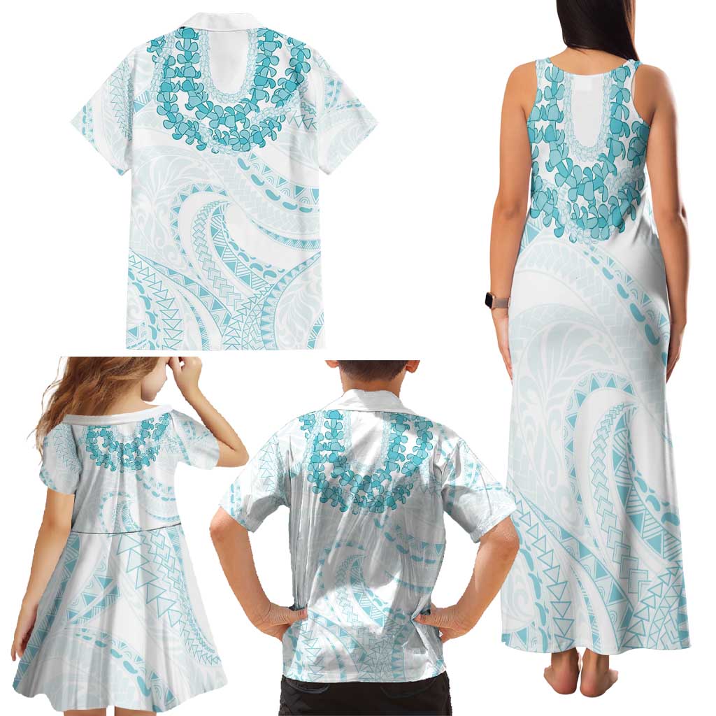 Aloha Lei Onaona Family Matching Tank Maxi Dress and Hawaiian Shirt Teal Hawaiian Tribal Pattern