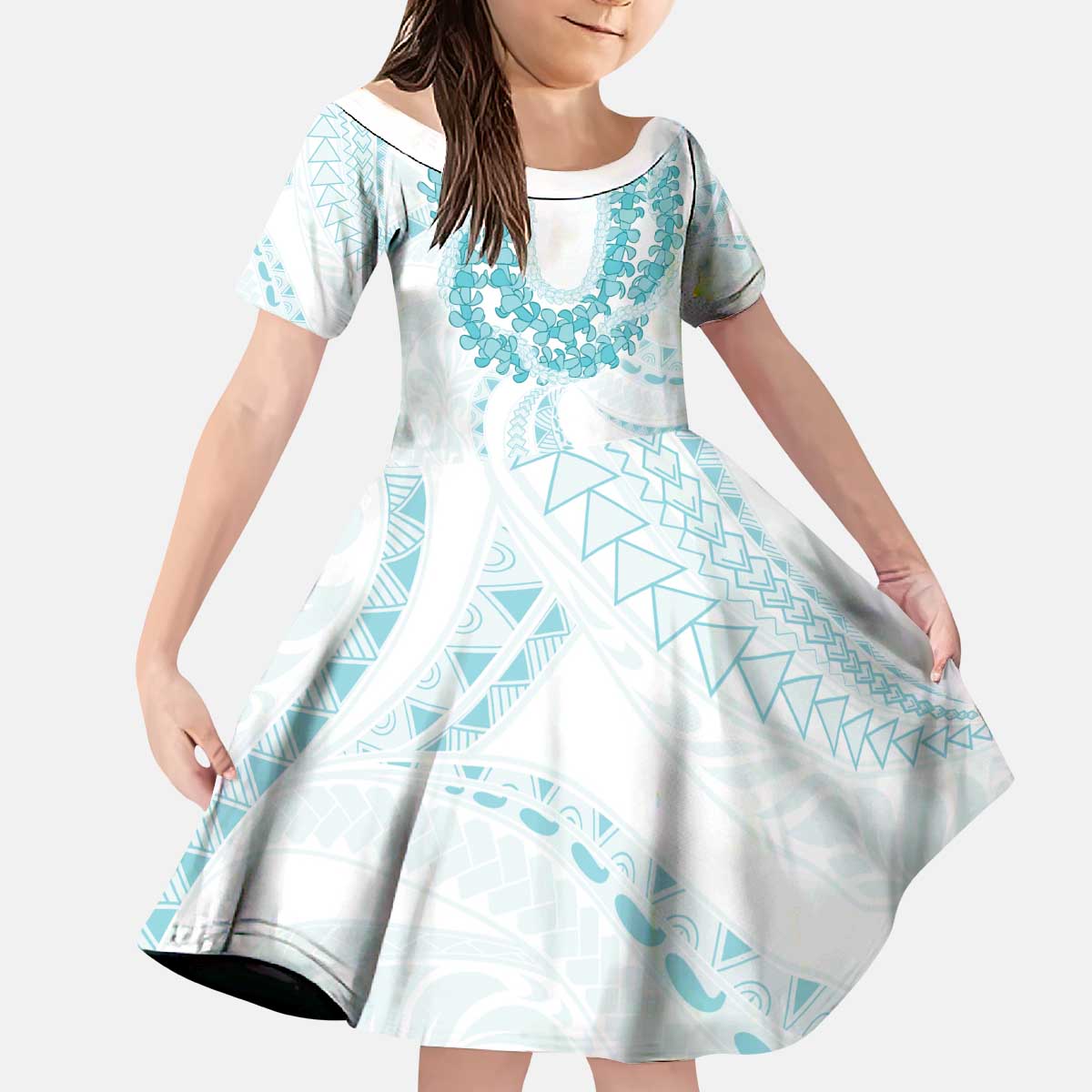 Aloha Lei Onaona Kid Short Sleeve Dress Teal Hawaiian Tribal Pattern