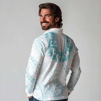 Aloha Lei Onaona Long Sleeve Polo Shirt Teal Hawaiian Tribal Pattern