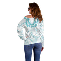 Aloha Lei Onaona Off Shoulder Sweater Teal Hawaiian Tribal Pattern