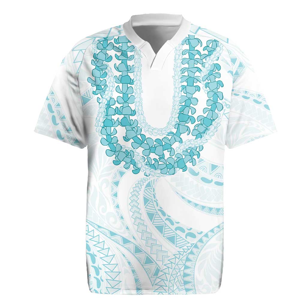 Aloha Lei Onaona Rugby Jersey Teal Hawaiian Tribal Pattern