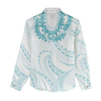 Aloha Lei Onaona Women Casual Shirt Teal Hawaiian Tribal Pattern