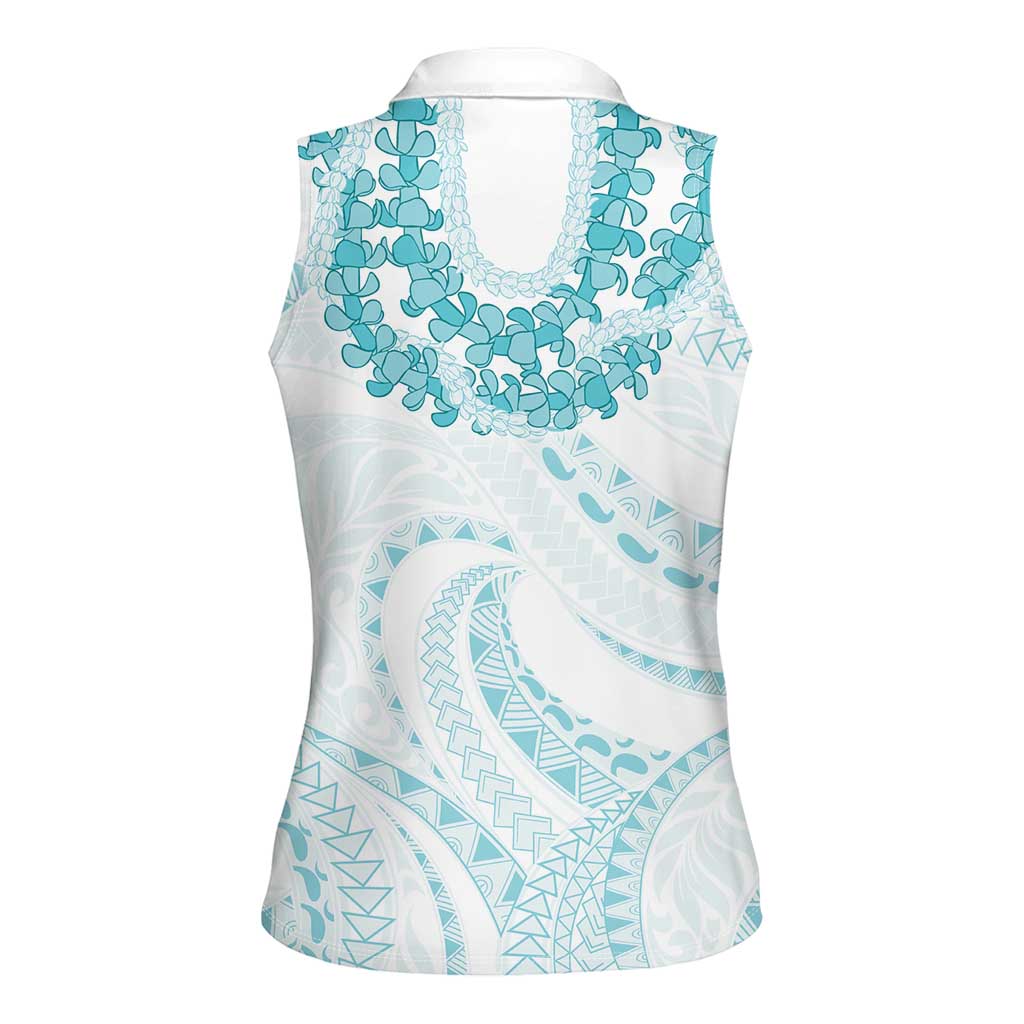 Aloha Lei Onaona Women Sleeveless Polo Shirt Teal Hawaiian Tribal Pattern