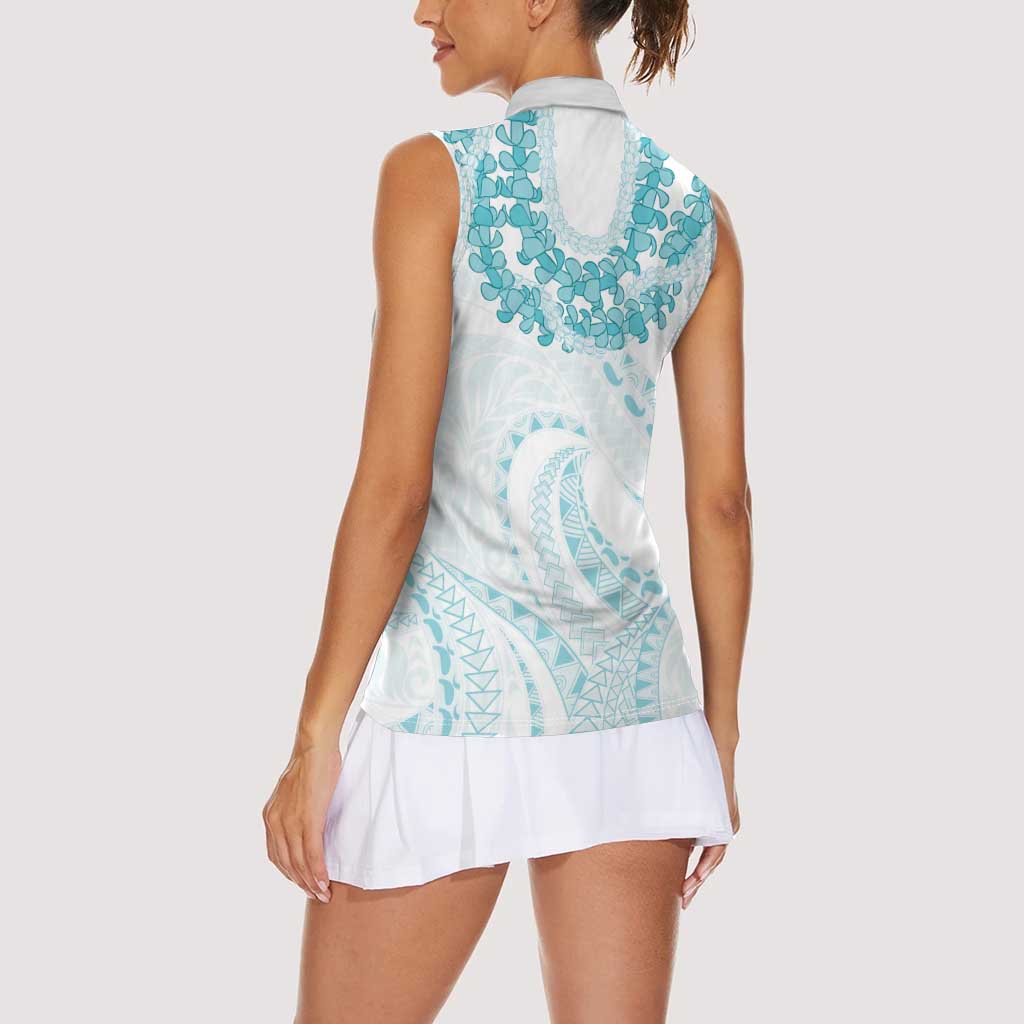 Aloha Lei Onaona Women Sleeveless Polo Shirt Teal Hawaiian Tribal Pattern