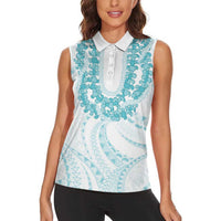 Aloha Lei Onaona Women Sleeveless Polo Shirt Teal Hawaiian Tribal Pattern