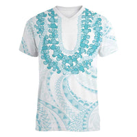 Aloha Lei Onaona Women V-Neck T-Shirt Teal Hawaiian Tribal Pattern LT9 Female Teal - Polynesian Pride