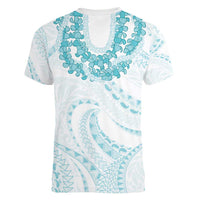 Aloha Lei Onaona Women V-Neck T-Shirt Teal Hawaiian Tribal Pattern LT9 - Polynesian Pride