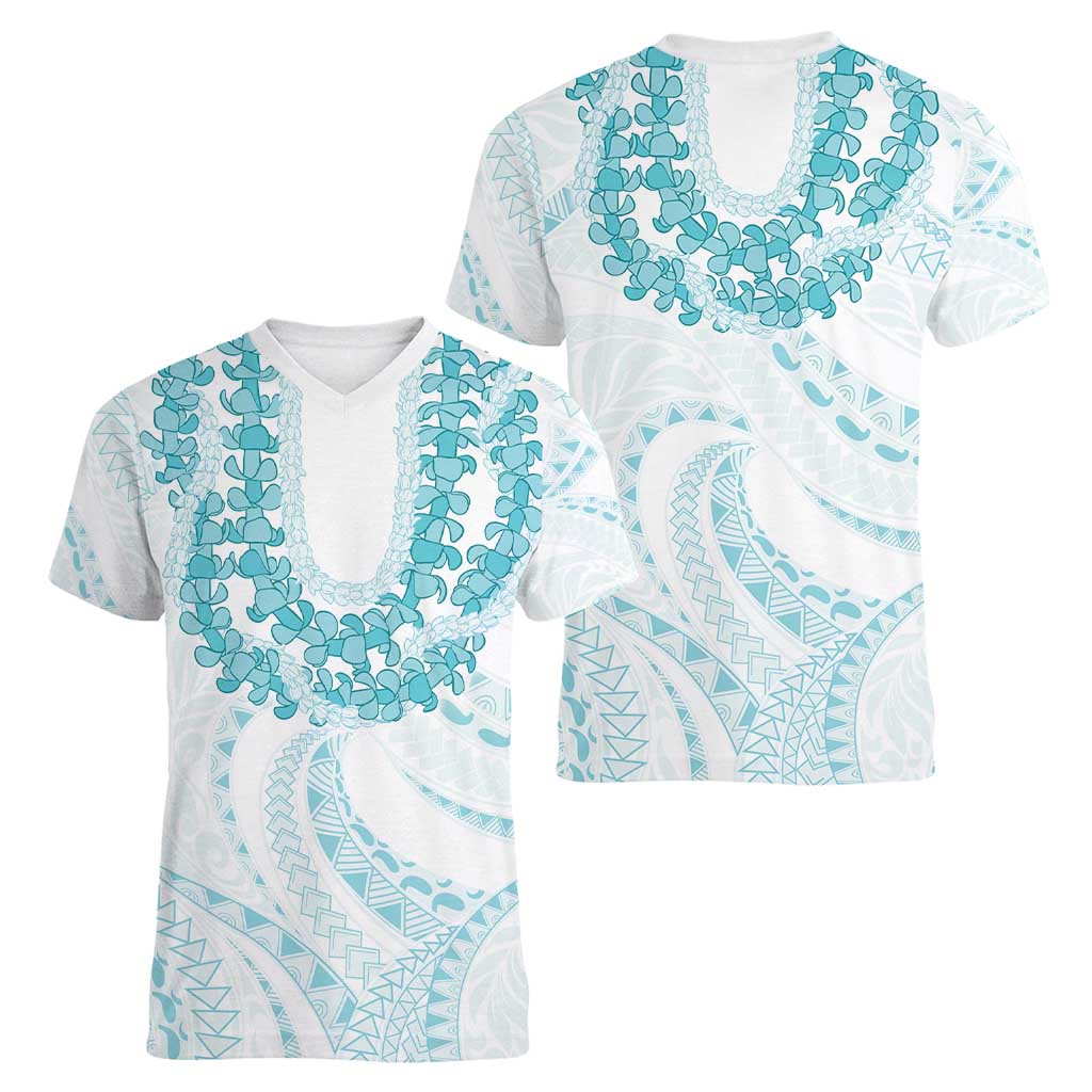 Aloha Lei Onaona Women V-Neck T-Shirt Teal Hawaiian Tribal Pattern LT9 - Polynesian Pride