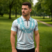 Aloha Lei Onaona Zipper Polo Shirt Teal Hawaiian Tribal Pattern - Polynesian Pride