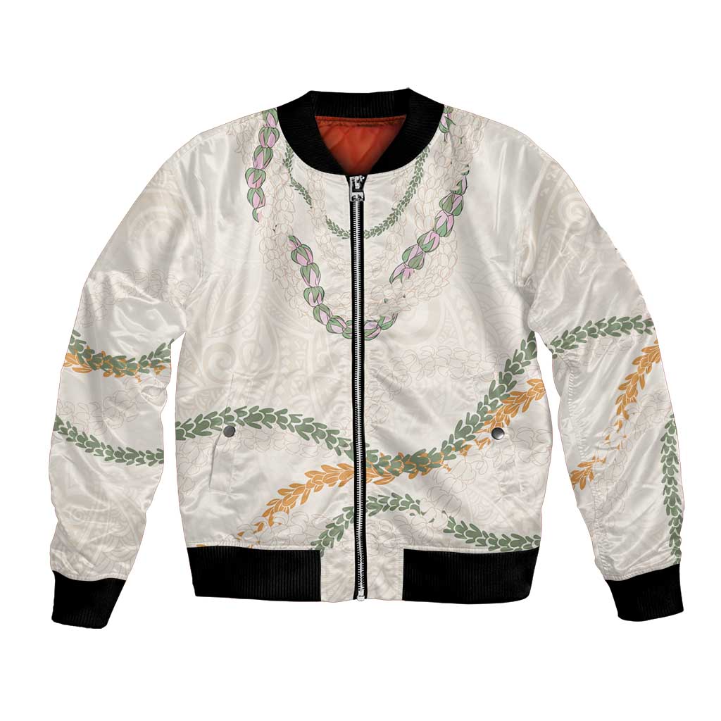 Aloha Lei Mikioi Bomber Jacket Beige Polynesian Tribal Tatau Pattern