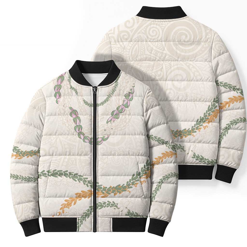 Aloha Lei Mikioi Bomber Puffer Jacket Beige Polynesian Tribal Tatau Pattern - Polynesian Pride
