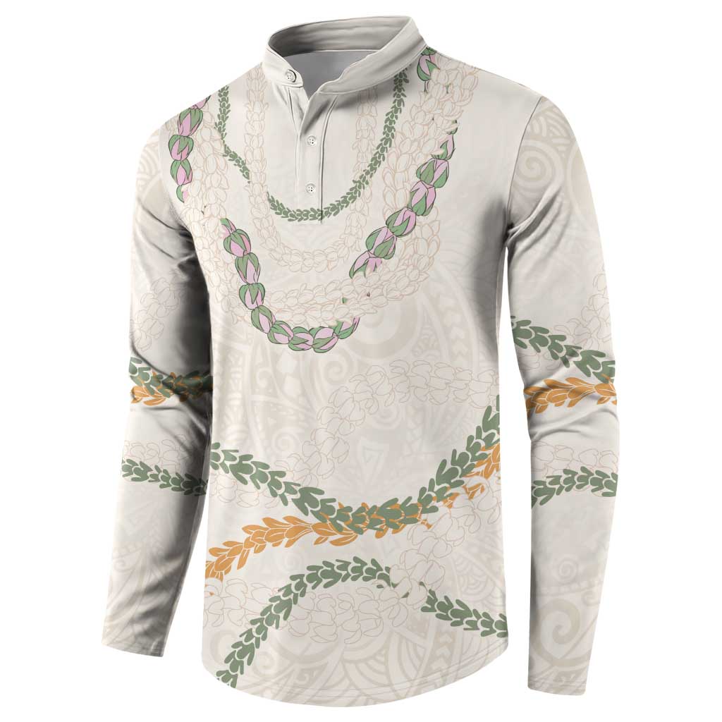 Aloha Lei Mikioi Button Sweatshirt Beige Polynesian Tribal Tatau Pattern