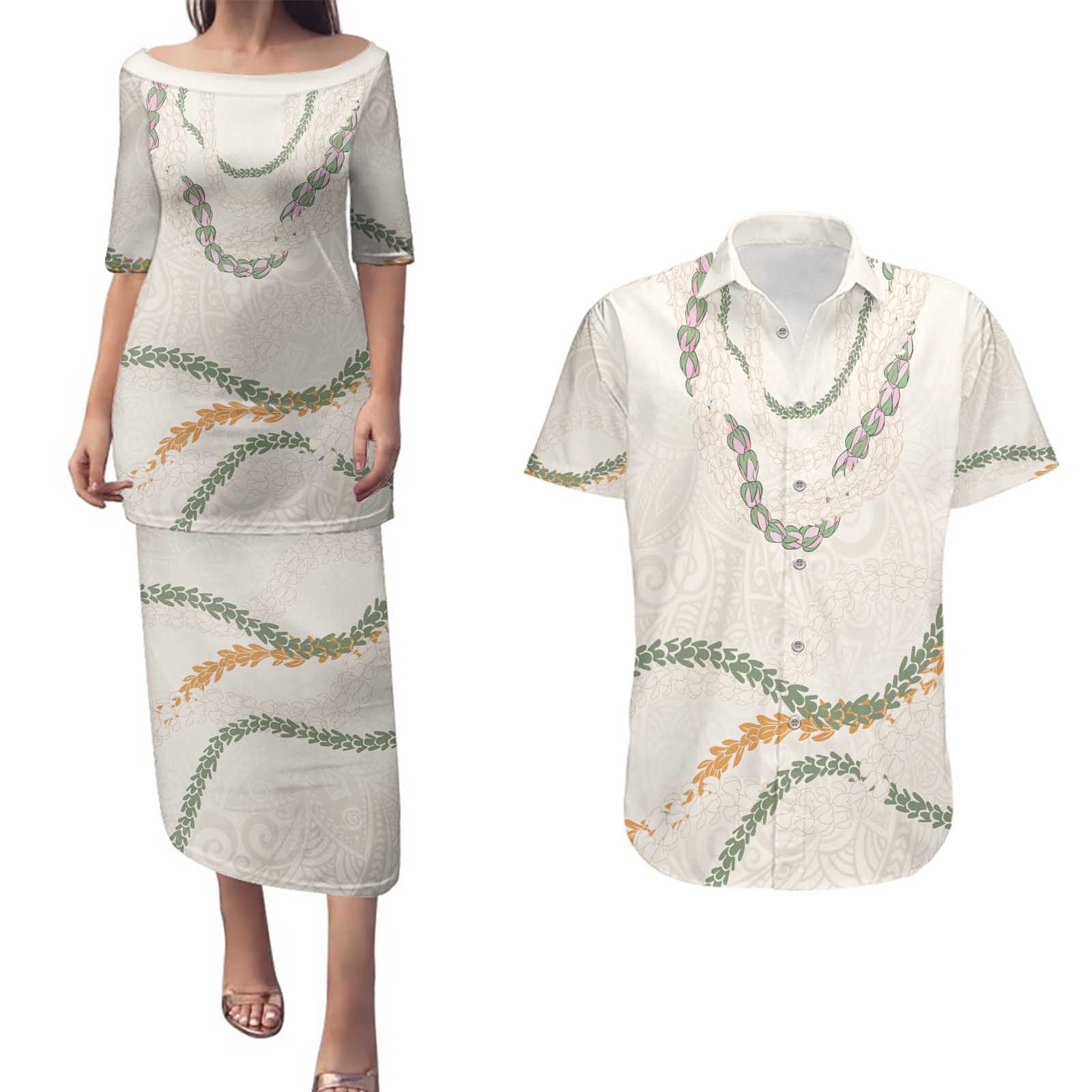 Aloha Lei Mikioi Couples Matching Puletasi and Hawaiian Shirt Beige Polynesian Tribal Tatau Pattern